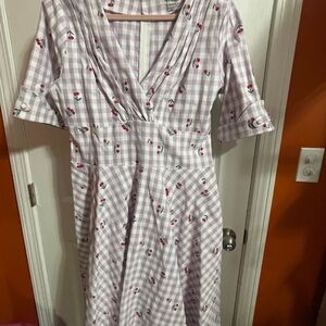 Unique Vintage Lavender Checkered Dress with Floral Accents